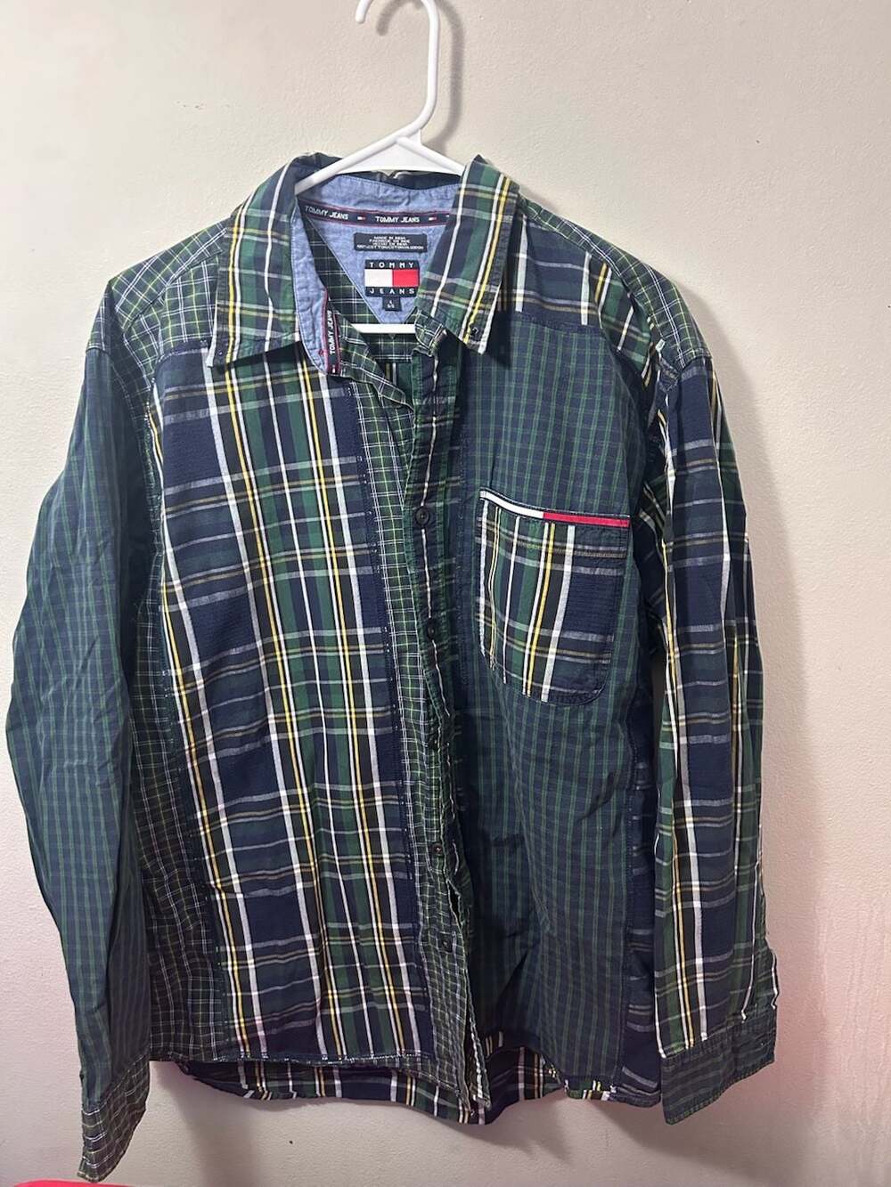 TOMMY HILFIGER Jeans Vintage 02 SHIRT Mens L Long Sleeve Green Plaid Cut and Sew
